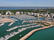 Aerial view of the marina and the buildings of La grande-Motte